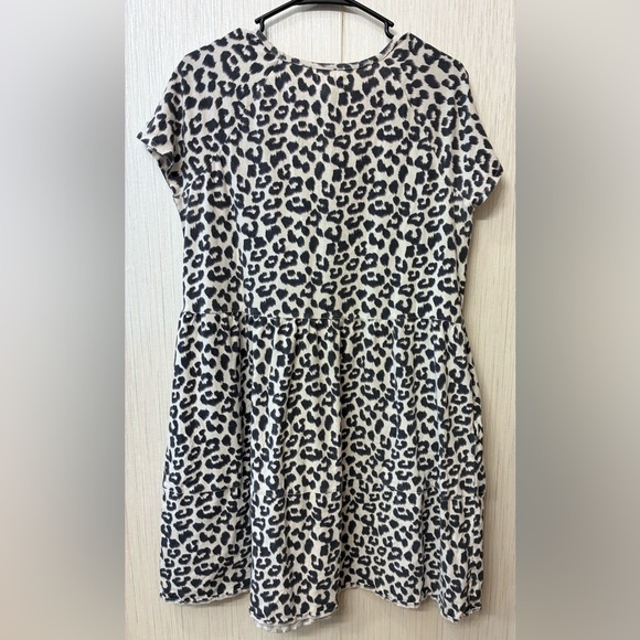 Pact Animal Leopard Knit Dress L Tiered Short Sleeves Empire Org Cotton Blend - Picture 4 of 6